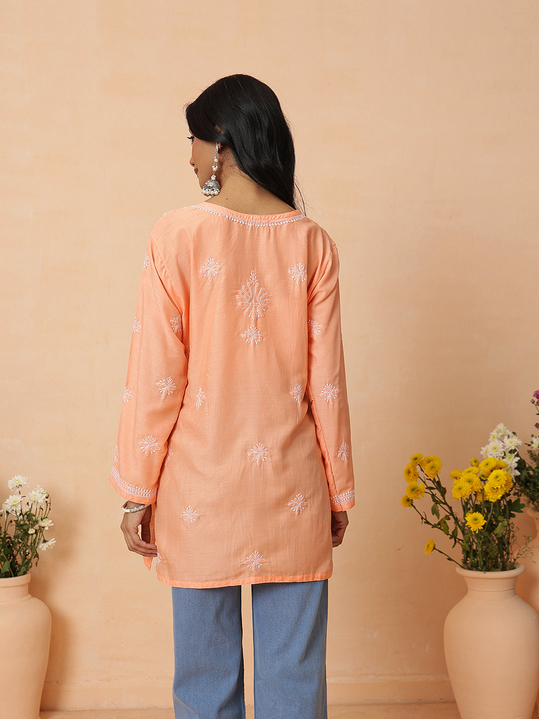 Ada Hand Embroidered Orange Muslin Lucknowi Chikankari Short Kurti A911574_3