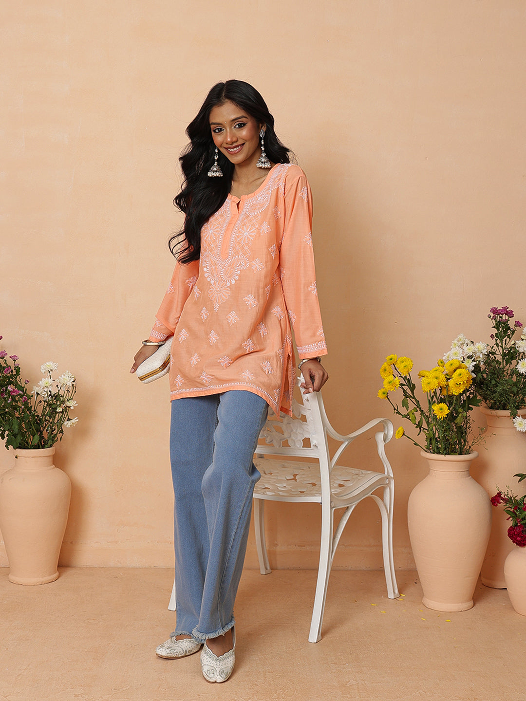 Ada Hand Embroidered Orange Muslin Lucknowi Chikankari Short Kurti A911574_4