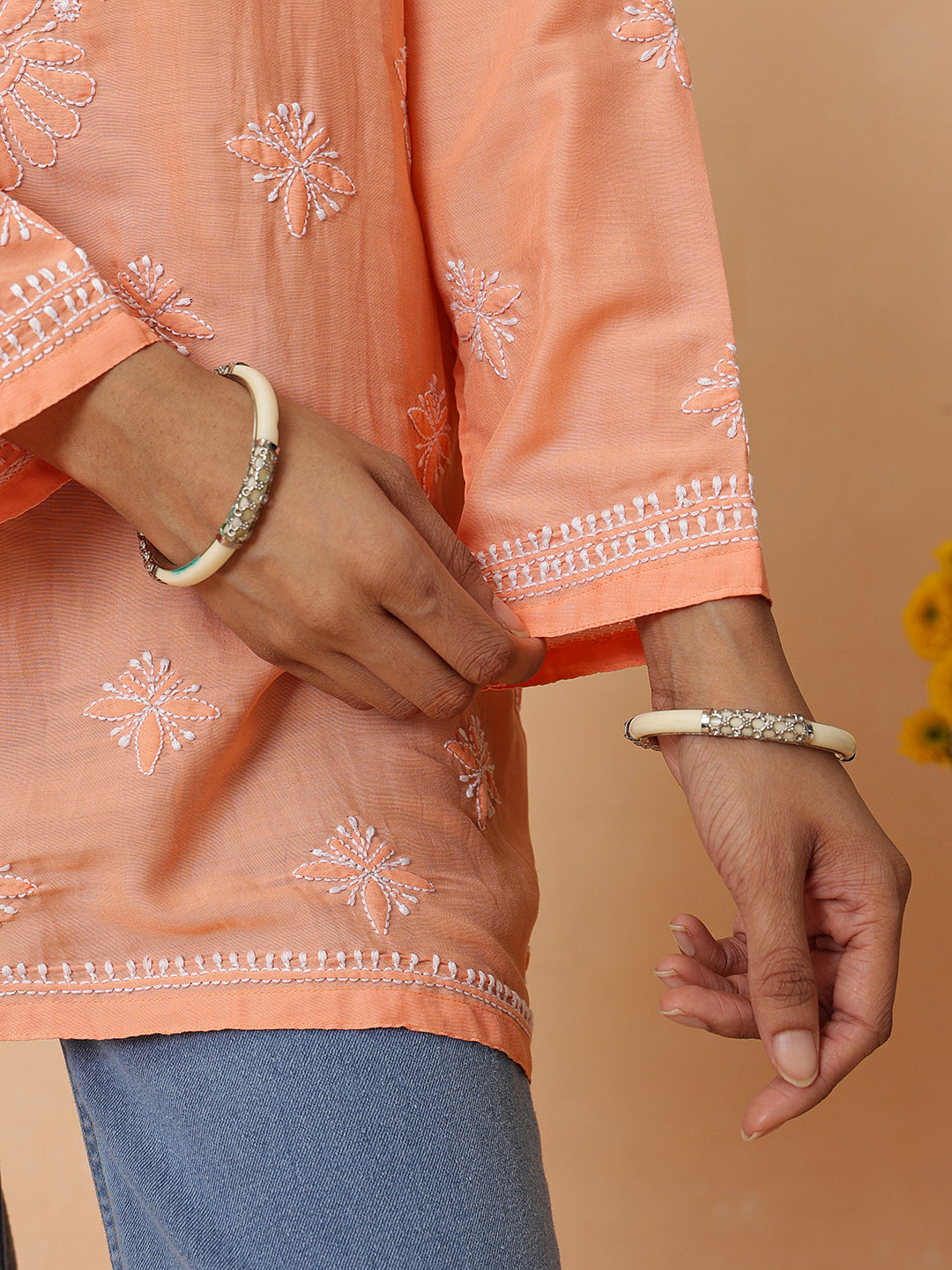 Ada Hand Embroidered Orange Muslin Lucknowi Chikankari Short Kurti A911574_5
