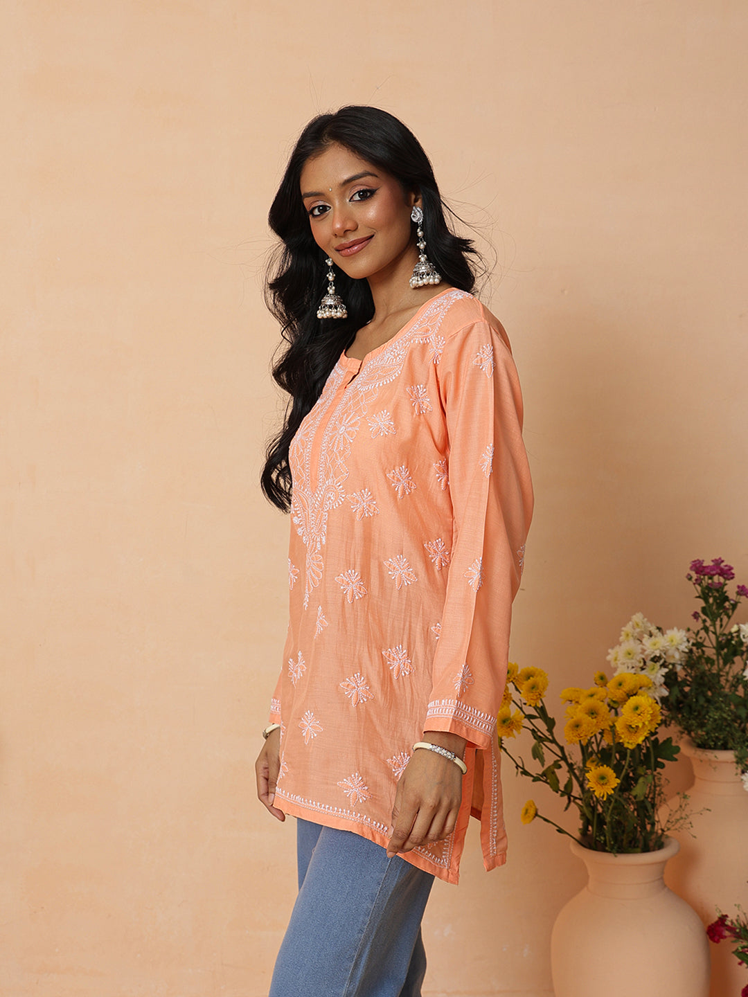 Ada Hand Embroidered Orange Muslin Lucknowi Chikankari Short Kurti A911574_6