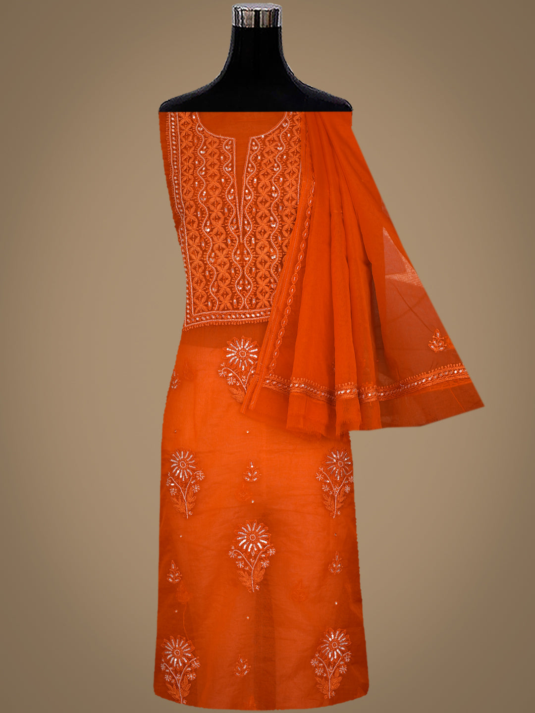 Ada Hand Embroidered Orange Organza Lucknowi Chikankari Unstitched Kurta Dupatta Set With Cutdana Work 01A794169