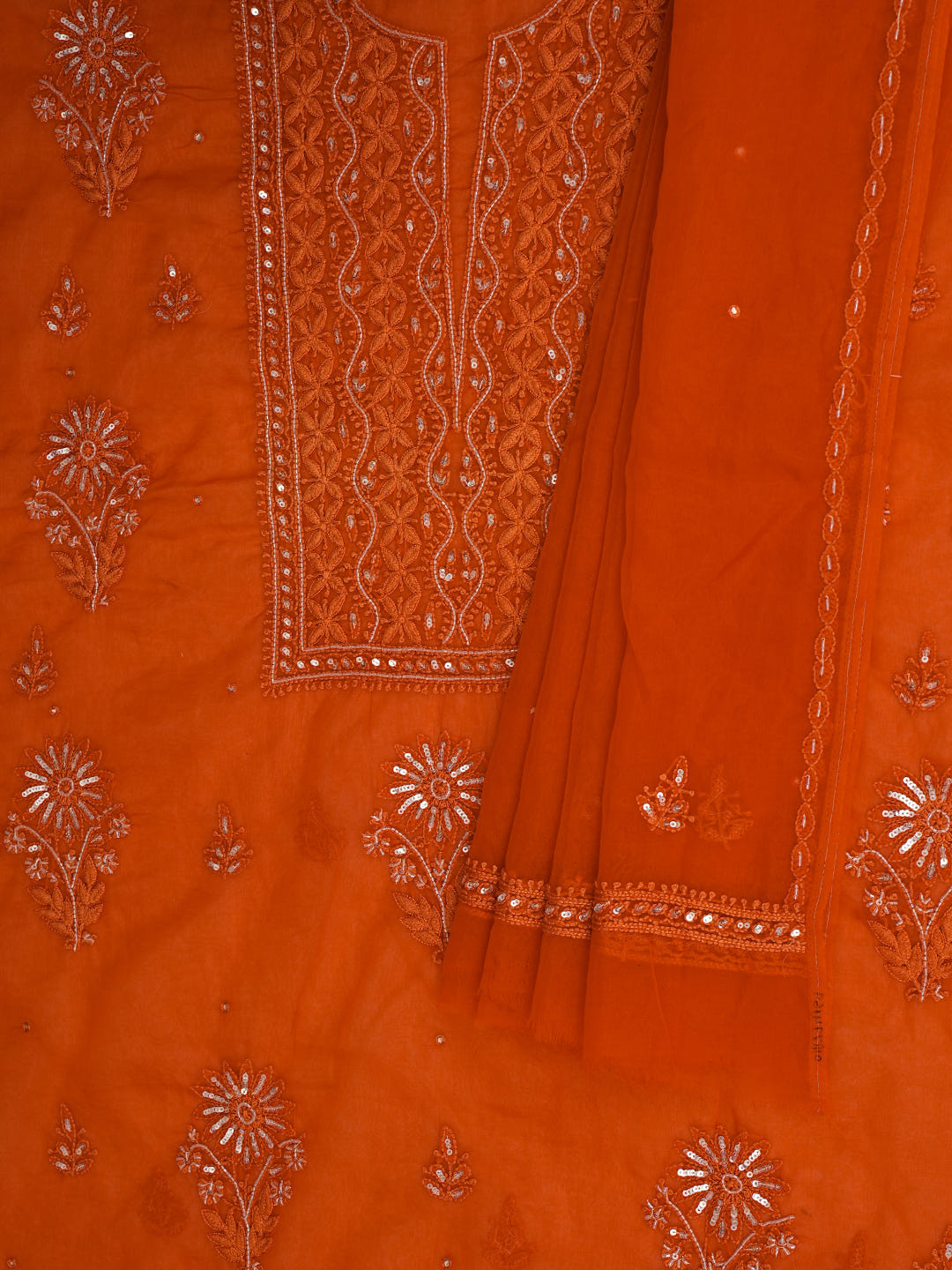 Ada Hand Embroidered Orange Organza Lucknowi Chikankari Unstitched Kurta Dupatta Set With Cutdana Work 01A794169