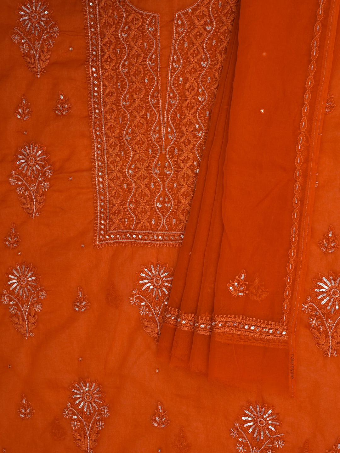Ada Hand Embroidered Orange Organza Lucknowi Chikankari Unstitched Kurta Dupatta Set With Cutdana Work 01A794169