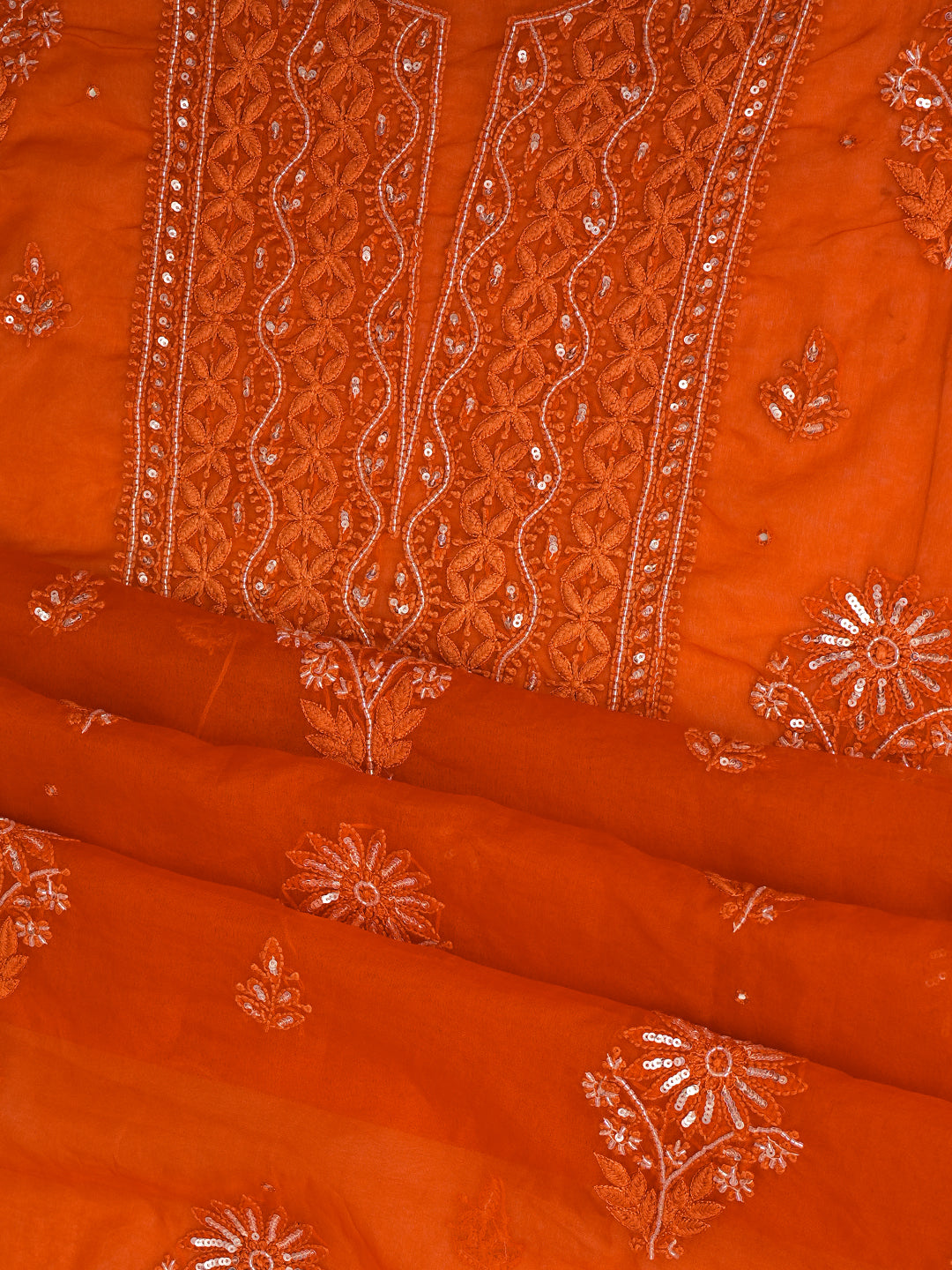 Ada Hand Embroidered Orange Organza Lucknowi Chikankari Unstitched Kurta Dupatta Set With Cutdana Work 01A794169