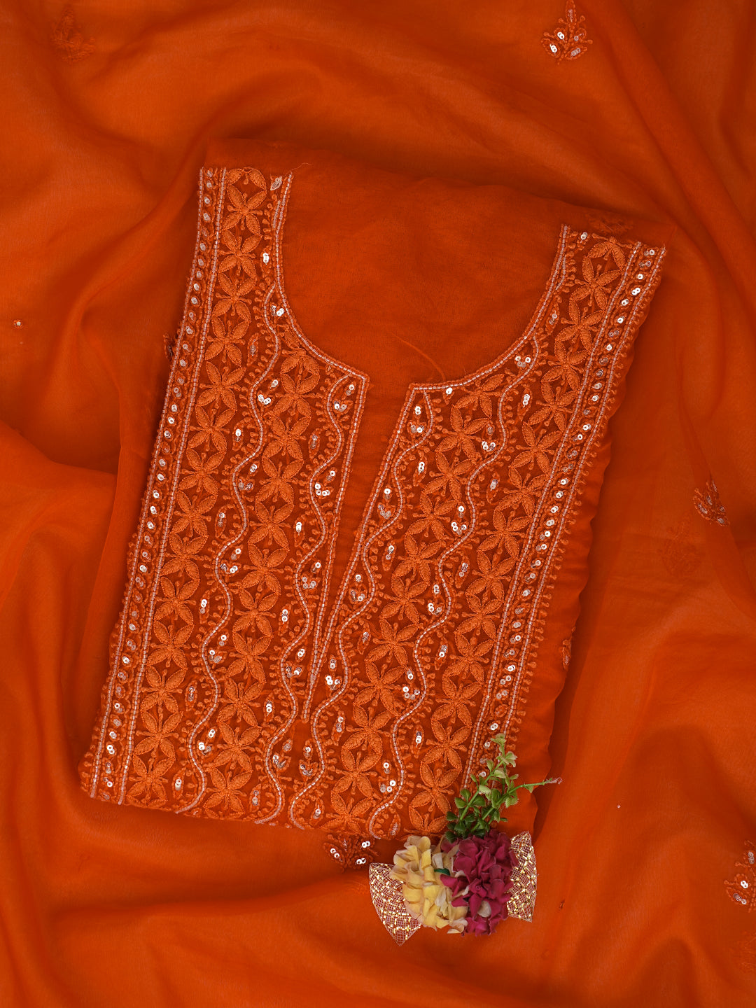 Ada Hand Embroidered Orange Organza Lucknowi Chikankari Unstitched Kurta Dupatta Set With Cutdana Work 01A794169