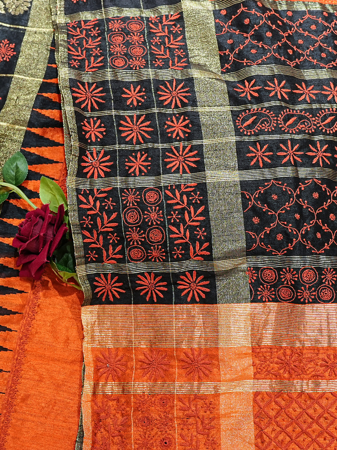 Ada Hand Embroidered Orange Silk Lucknowi Chikankari Saree With Blouse 01A376493