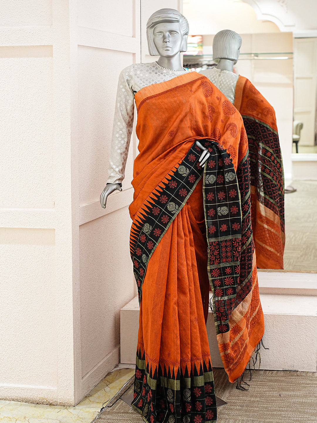 Ada Hand Embroidered Orange Silk Lucknowi Chikankari Saree With Blouse 01A376493