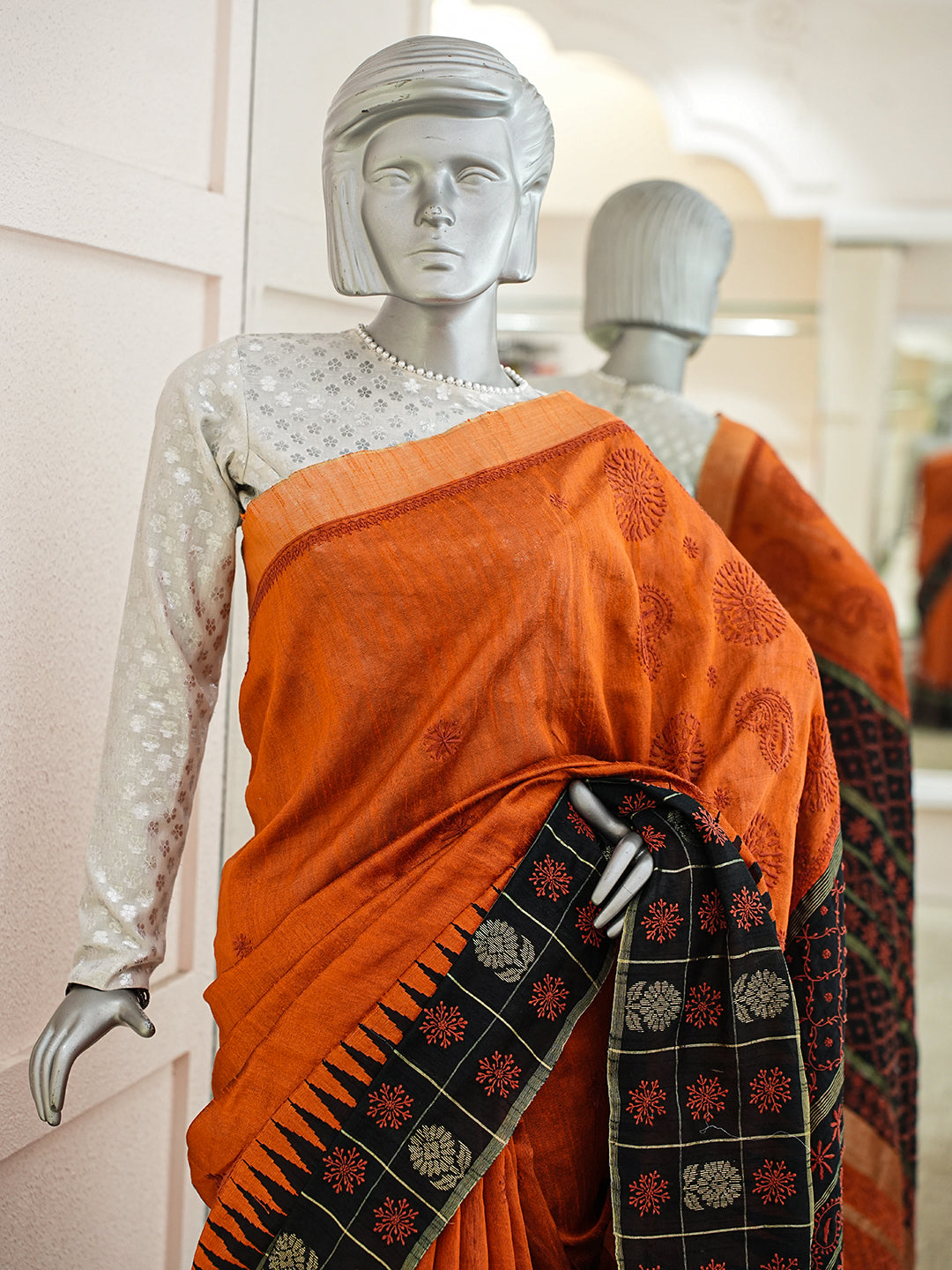 Ada Hand Embroidered Orange Silk Lucknowi Chikankari Saree With Blouse 01A376493