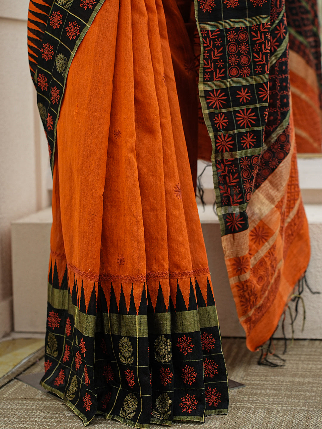 Ada Hand Embroidered Orange Silk Lucknowi Chikankari Saree With Blouse 01A376493