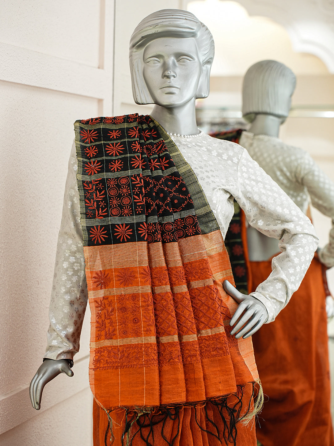 Ada Hand Embroidered Orange Silk Lucknowi Chikankari Saree With Blouse 01A376493
