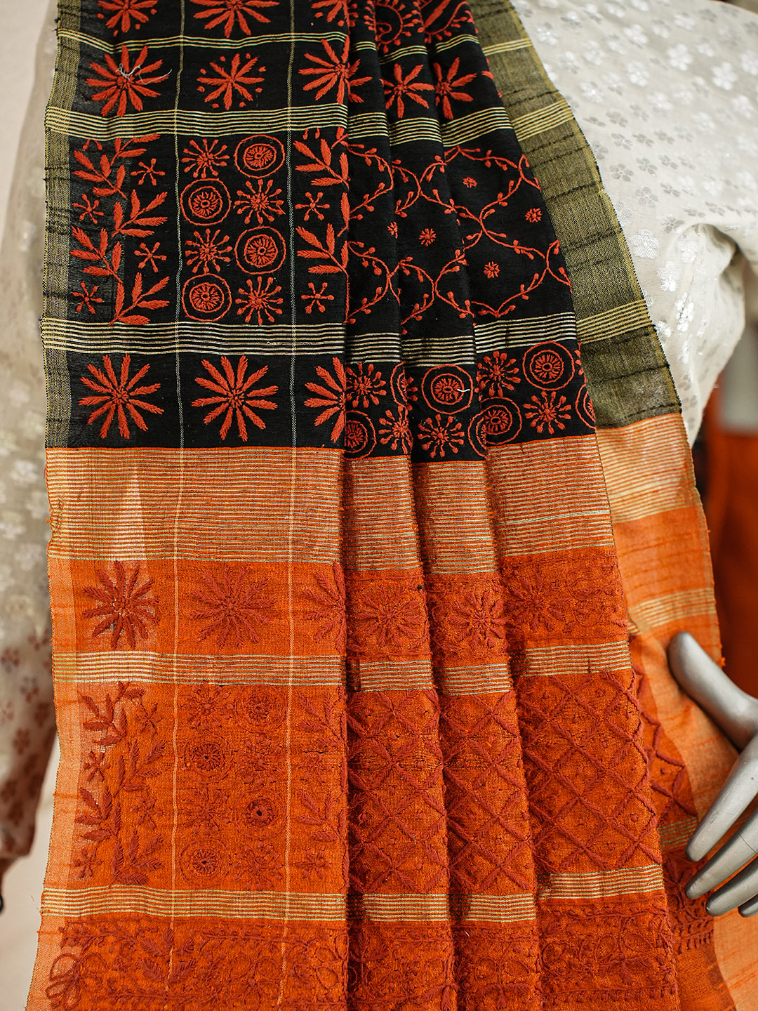 Ada Hand Embroidered Orange Silk Lucknowi Chikankari Saree With Blouse 01A376493