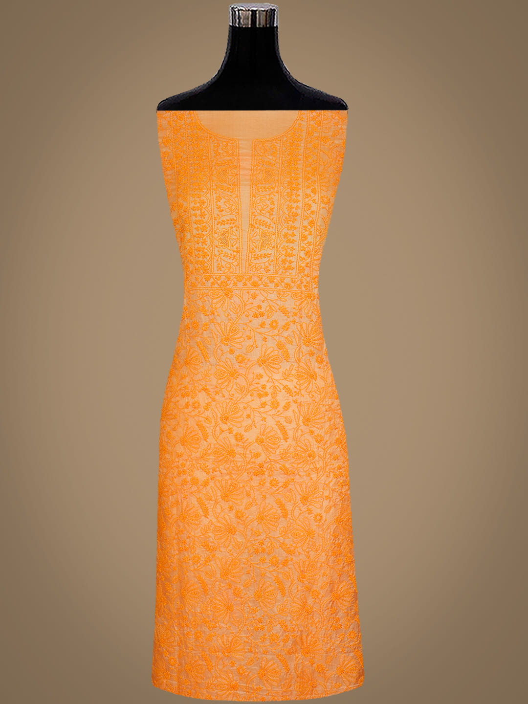 Ada Hand Embroidered Orange Silk Lucknowi Chikankari Unstitched Suit Piece With Chiffon Dupatta_3