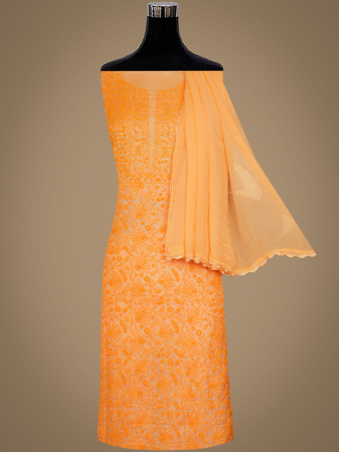 Ada Hand Embroidered Orange Silk Lucknowi Chikankari Unstitched Suit Piece With Chiffon Dupatta_4