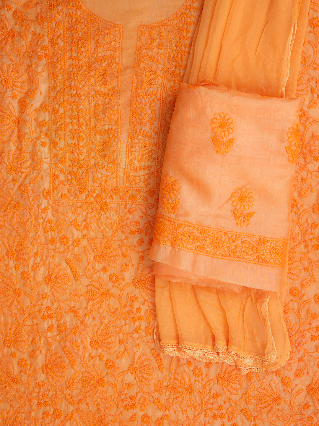Ada Hand Embroidered Orange Silk Lucknowi Chikankari Unstitched Suit Piece With Chiffon Dupatta_5