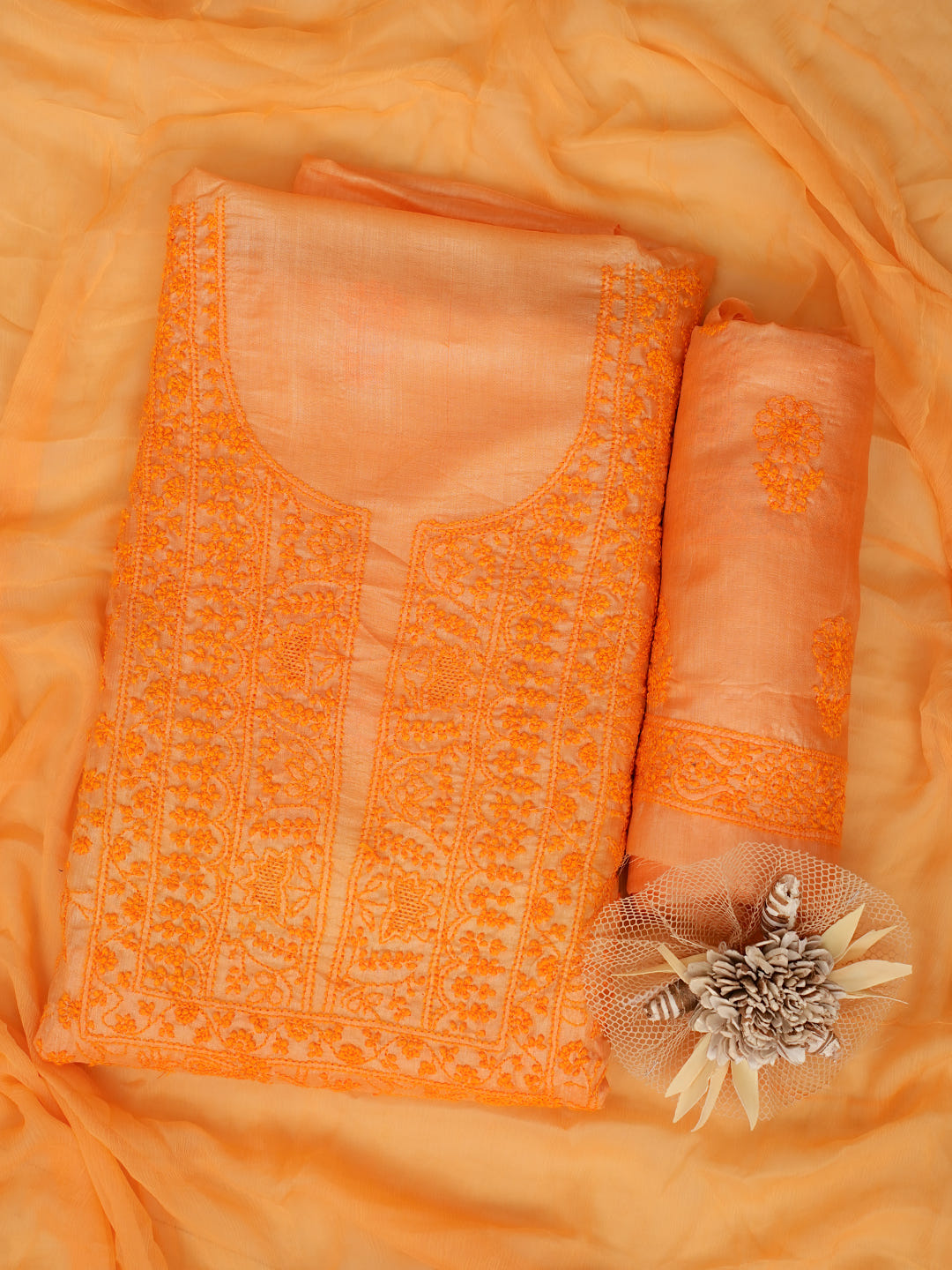 Ada Hand Embroidered Orange Silk Lucknowi Chikankari Unstitched Suit Piece With Chiffon Dupatta_1