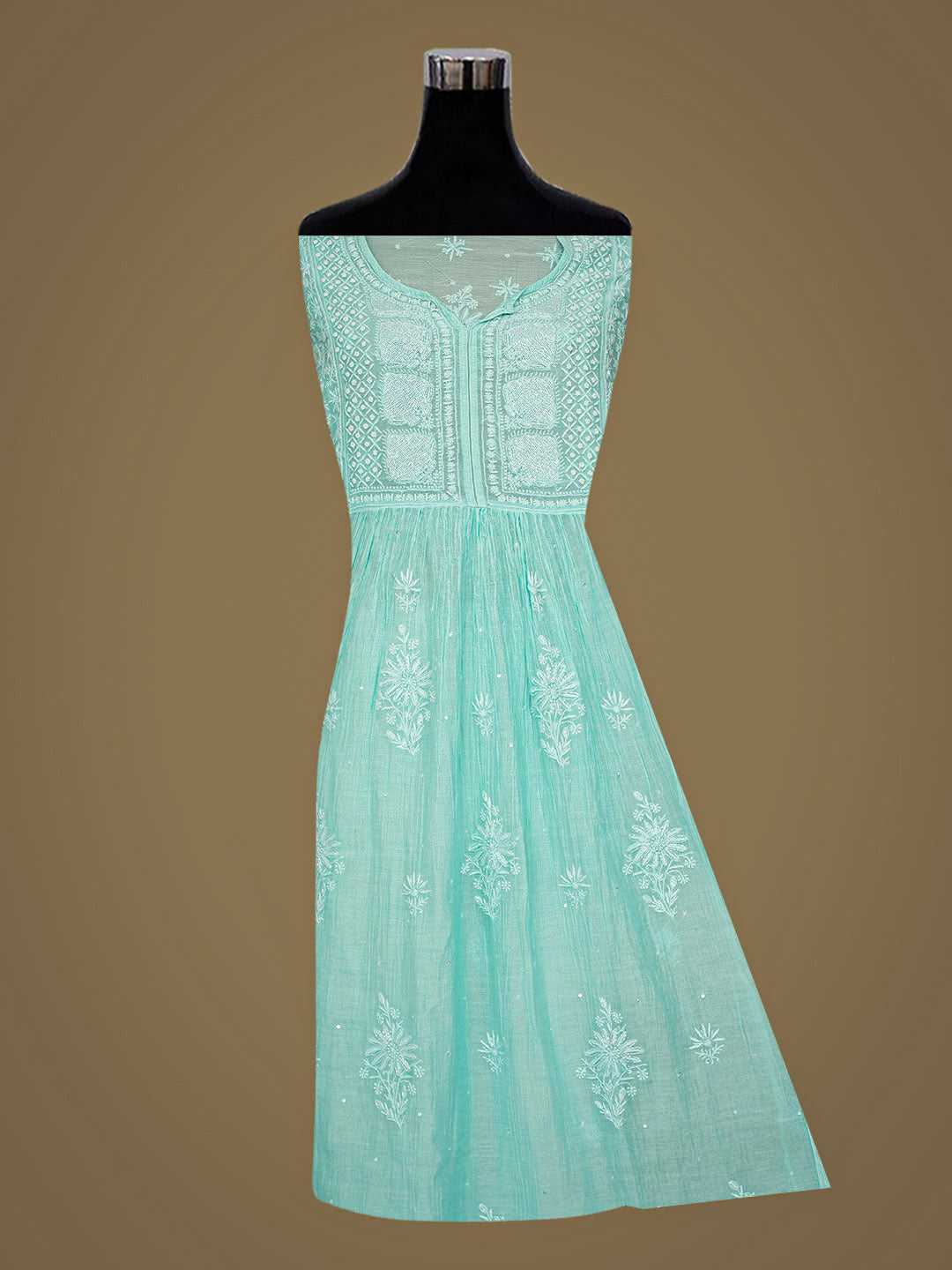 Ada Hand Embroidered Pale Cyan Blue Chanderi Lucknowi Chikankari Semi-Stitched Kurta Dupatta Set With Cutdana Work 01A954237