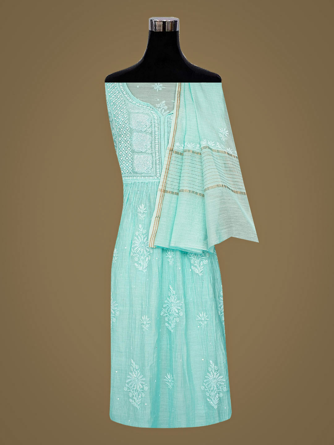 Ada Hand Embroidered Pale Cyan Blue Chanderi Lucknowi Chikankari Semi-Stitched Kurta Dupatta Set With Cutdana Work 01A954237