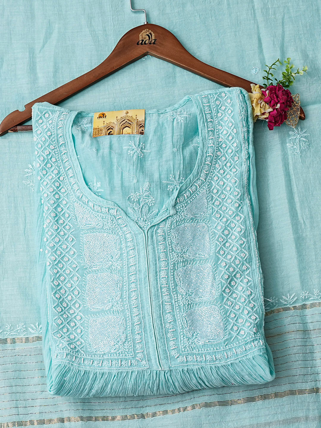 Ada Hand Embroidered Pale Cyan Blue Chanderi Lucknowi Chikankari Semi-Stitched Kurta Dupatta Set With Cutdana Work 01A954237