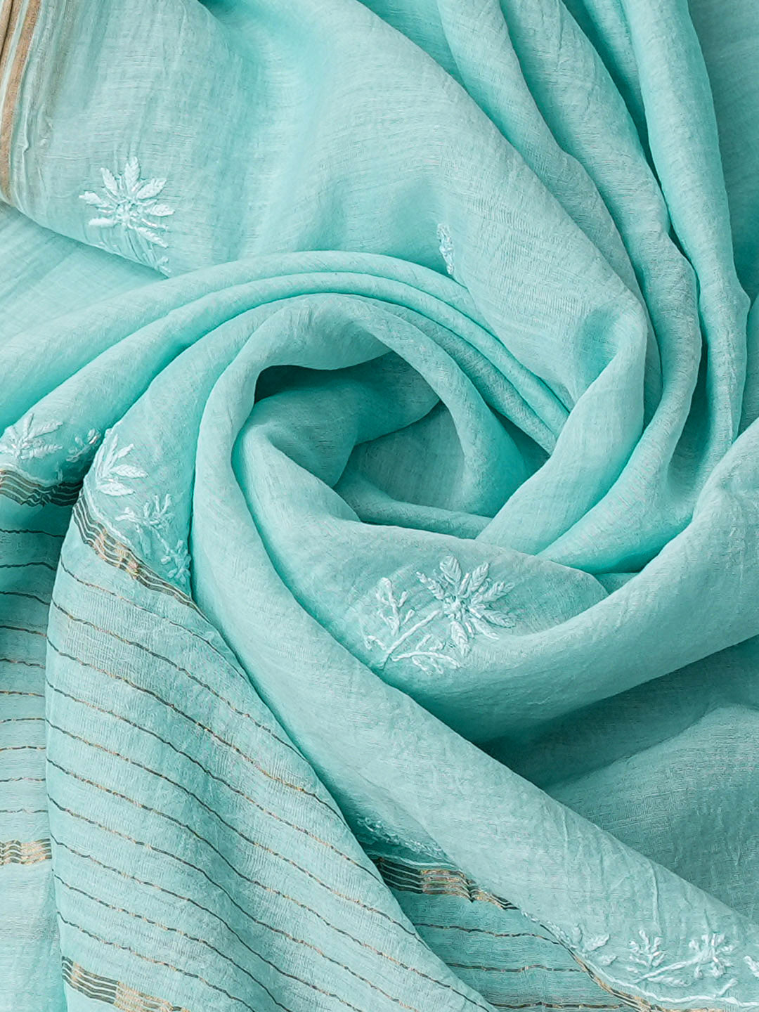 Ada Hand Embroidered Pale Cyan Blue Chanderi Lucknowi Chikankari Semi-Stitched Kurta Dupatta Set With Cutdana Work 01A954237