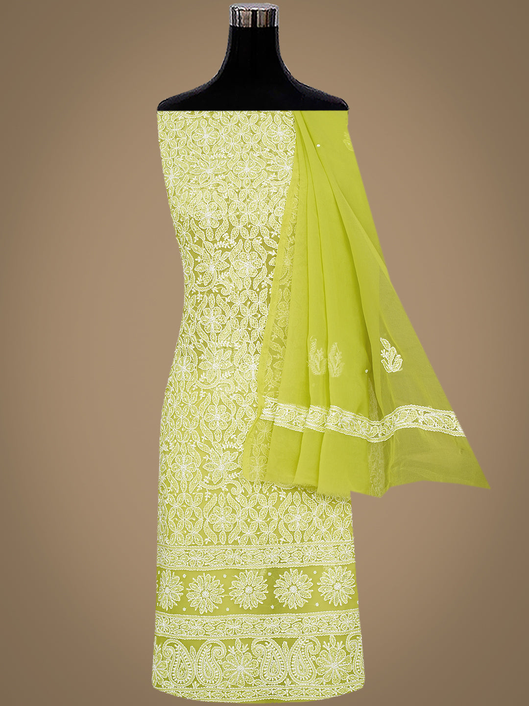 Ada Hand Embroidered Parrot Green Georgette Lucknowi Chikankari Unstitched Suit Piece With Pearl Work 01A915247
