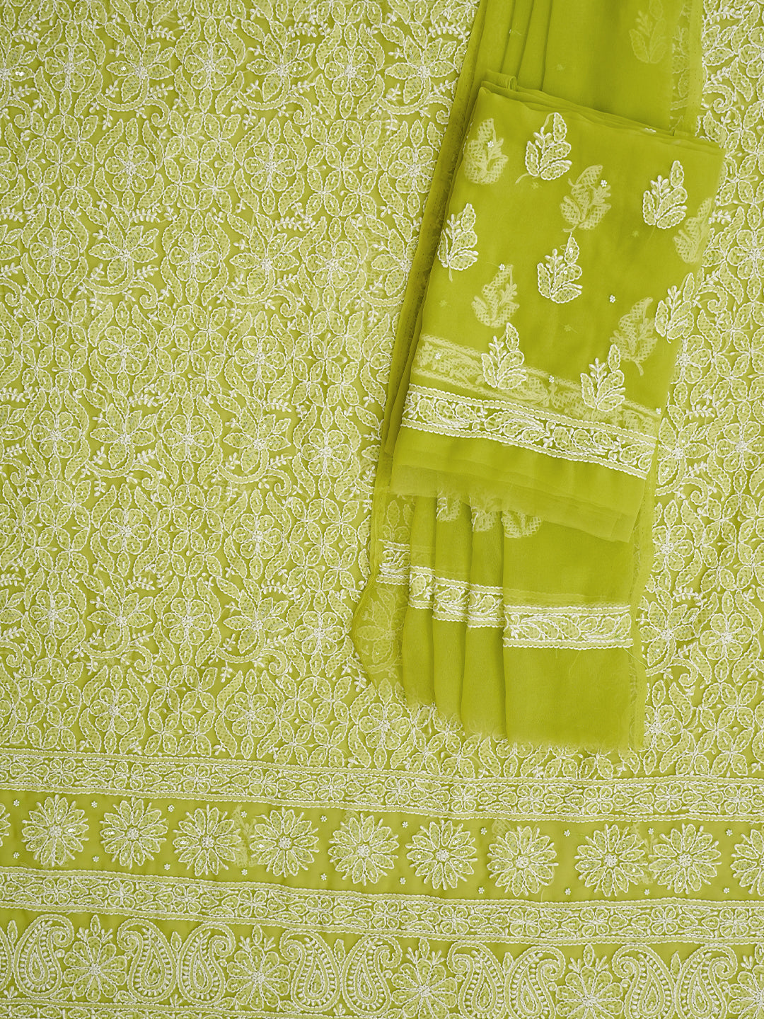 Ada Hand Embroidered Parrot Green Georgette Lucknowi Chikankari Unstitched Suit Piece With Pearl Work 01A915247