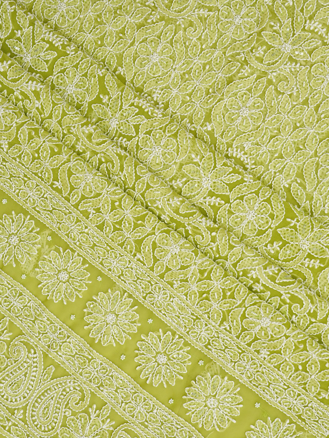 Ada Hand Embroidered Parrot Green Georgette Lucknowi Chikankari Unstitched Suit Piece With Pearl Work 01A915247