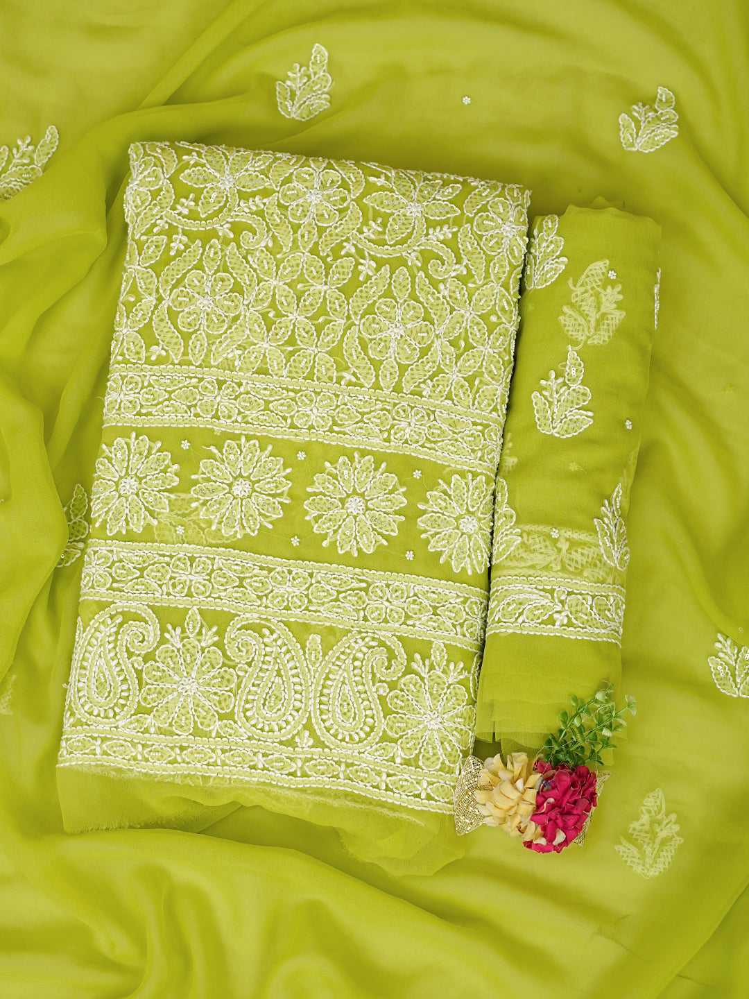 Ada Hand Embroidered Parrot Green Georgette Lucknowi Chikankari Unstitched Suit Piece With Pearl Work 01A915247