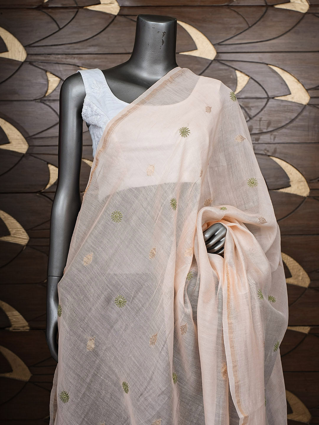 Ada Hand Embroidered Peach Chanderi Lucknowi Chikankari Dupatta 07A501154