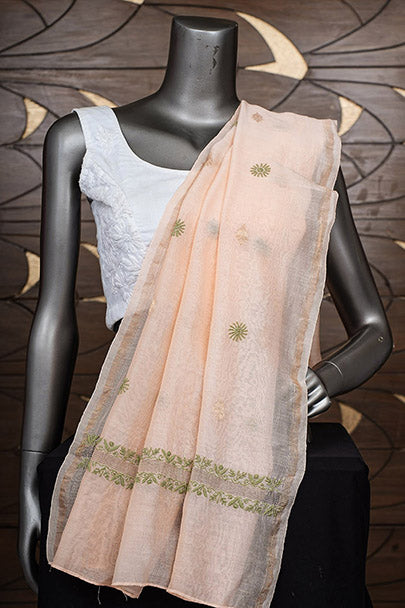 Ada Hand Embroidered Peach Chanderi Lucknowi Chikankari Dupatta 07A501154