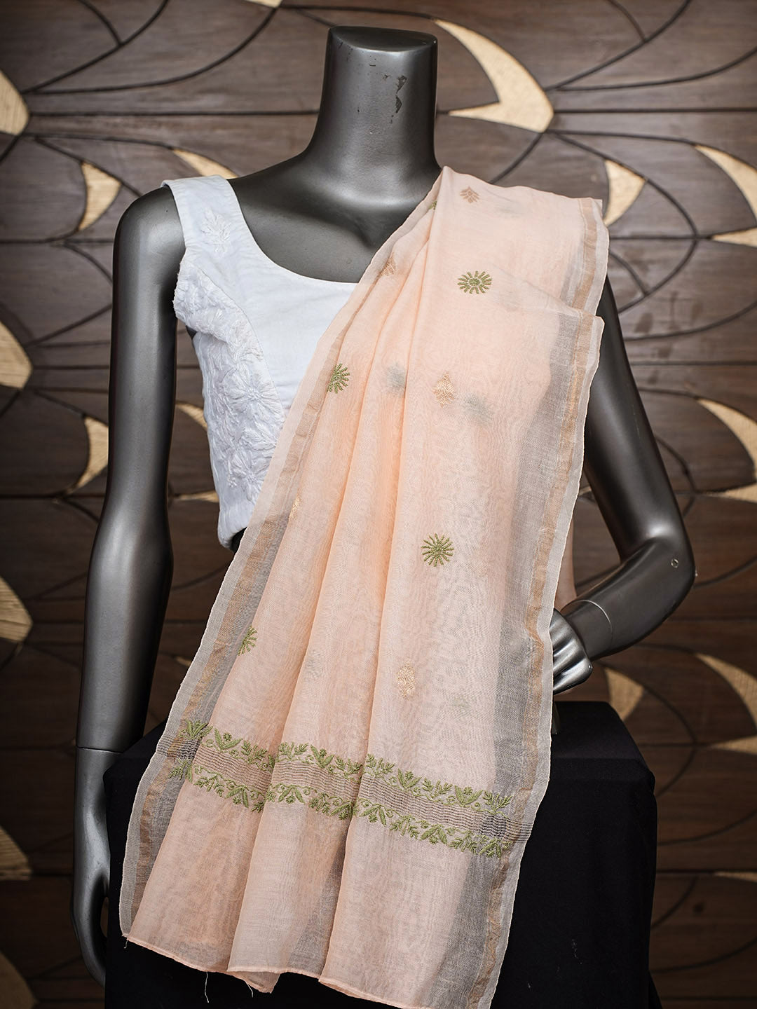 Ada Hand Embroidered Peach Chanderi Lucknowi Chikankari Dupatta 07A501154