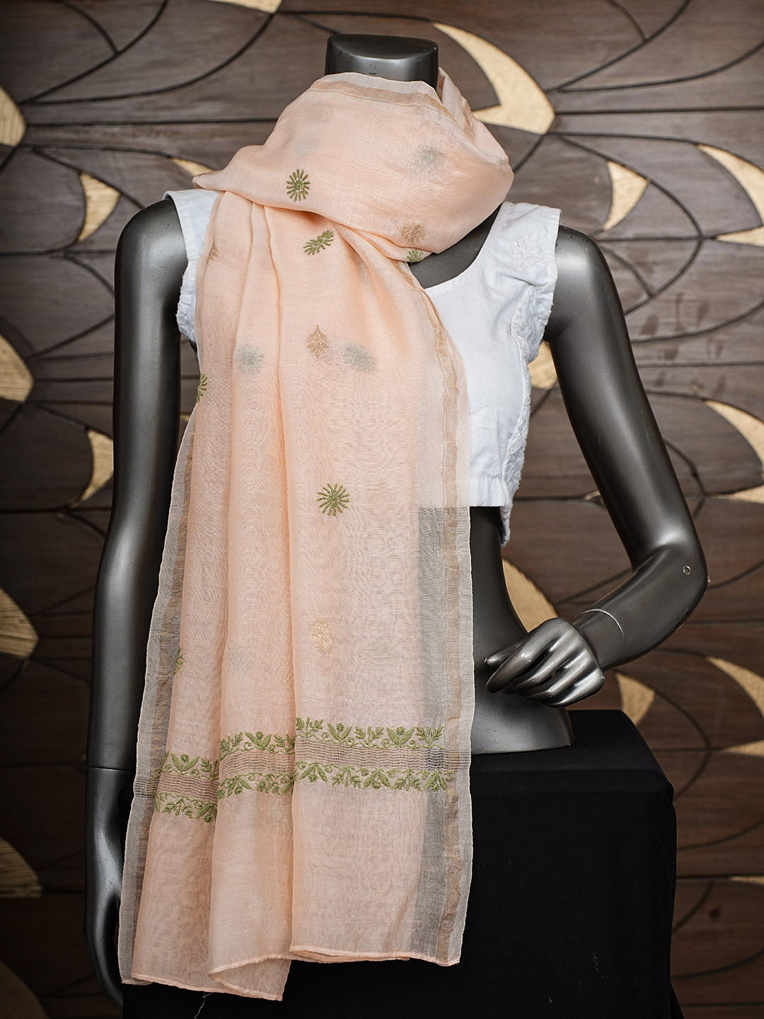 Ada Hand Embroidered Peach Chanderi Lucknowi Chikankari Dupatta 07A501154