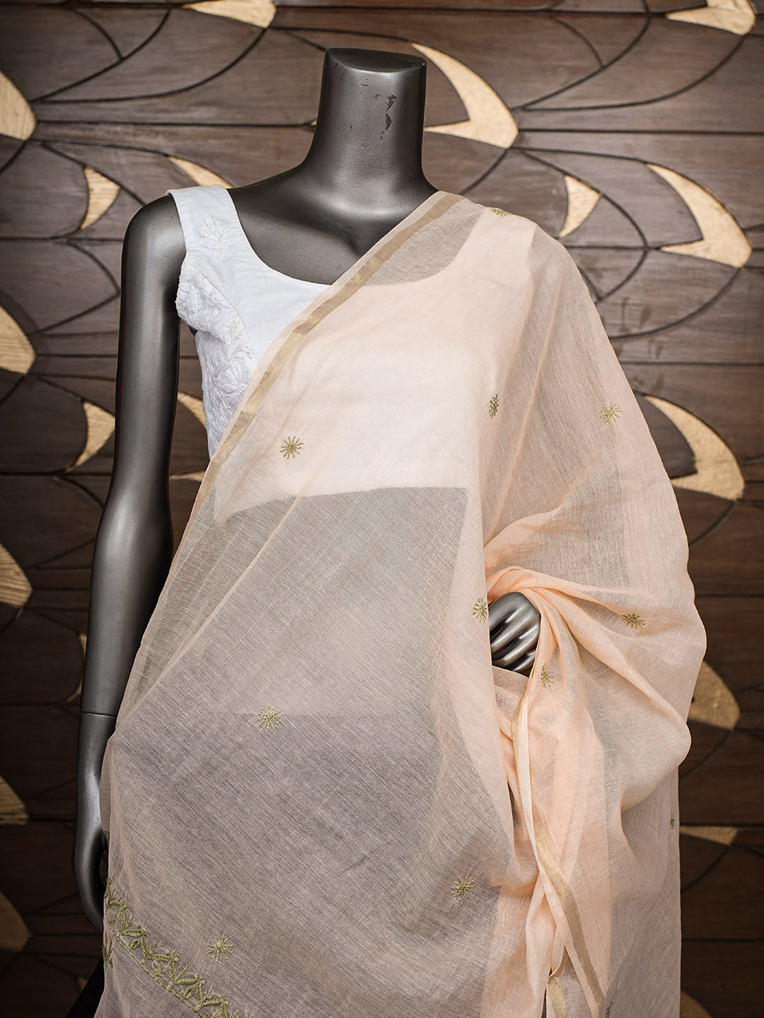 Ada Hand Embroidered Peach Chanderi Lucknowi Chikankari Dupatta 07A501199