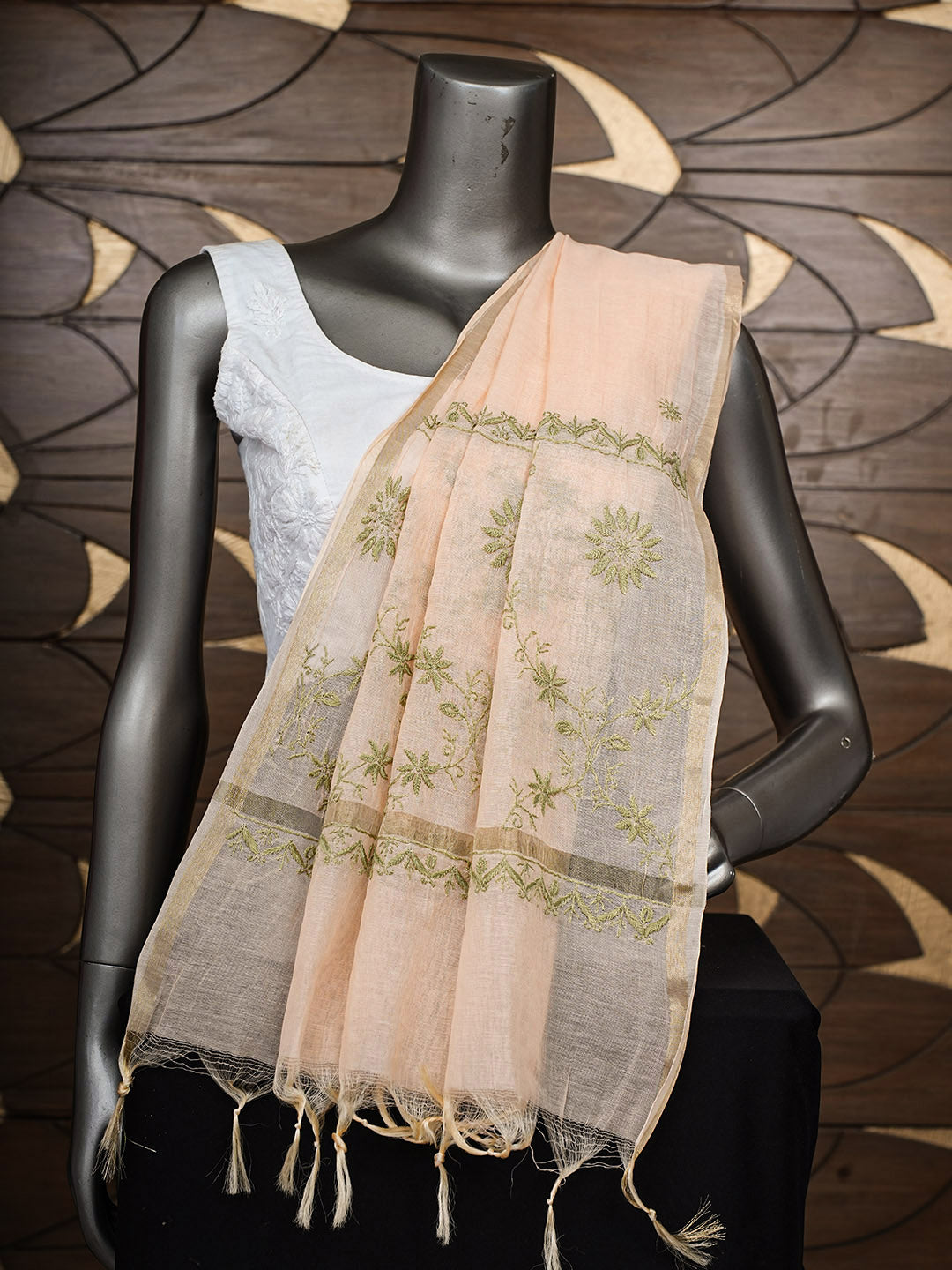 Ada Hand Embroidered Peach Chanderi Lucknowi Chikankari Dupatta 07A501199