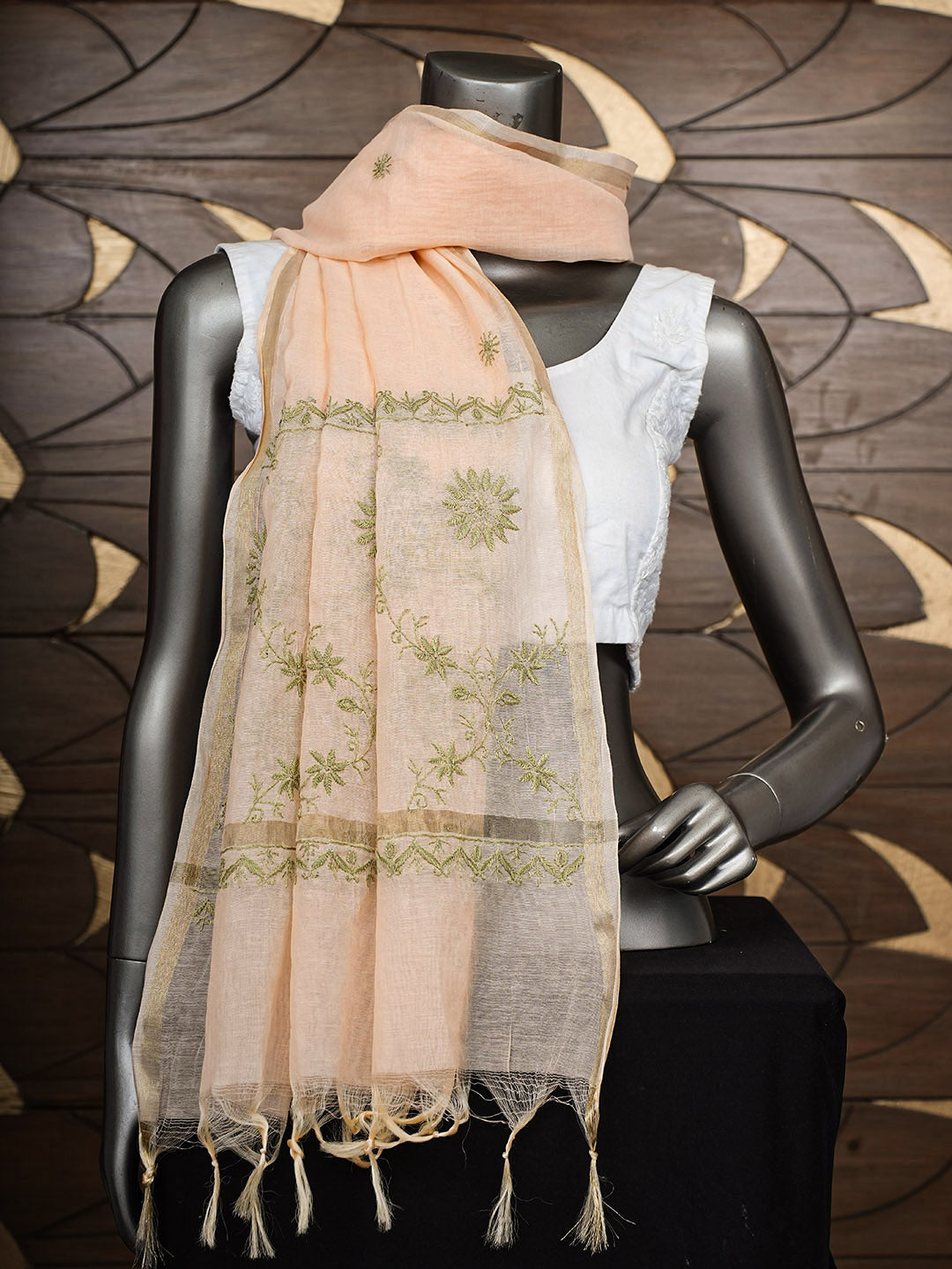Ada Hand Embroidered Peach Chanderi Lucknowi Chikankari Dupatta 07A501199
