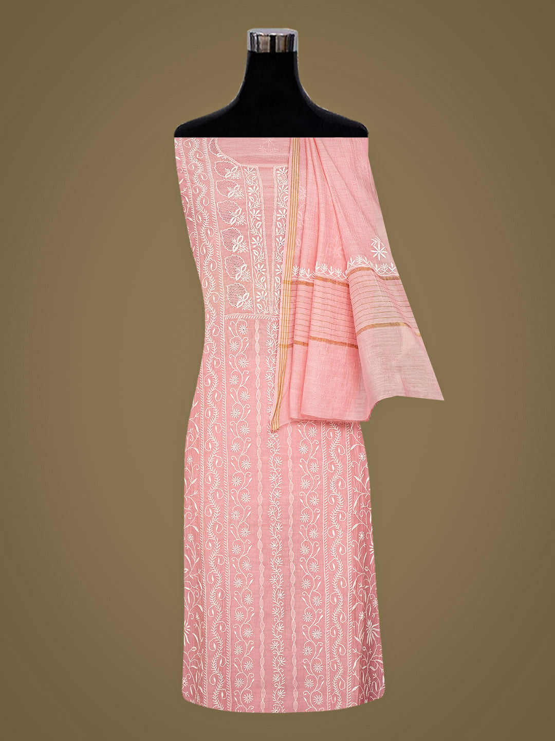 Ada Hand Embroidered Peach Chanderi Lucknowi Chikankari Semi-Stitched Kurta Dupatta Set 01A963324