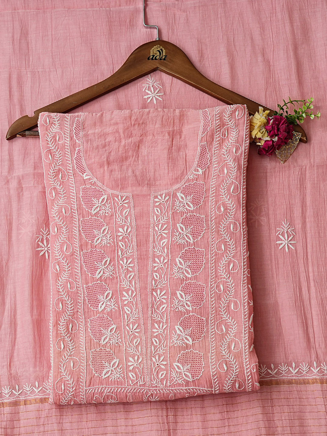 Ada Hand Embroidered Peach Chanderi Lucknowi Chikankari Semi-Stitched Kurta Dupatta Set 01A963324