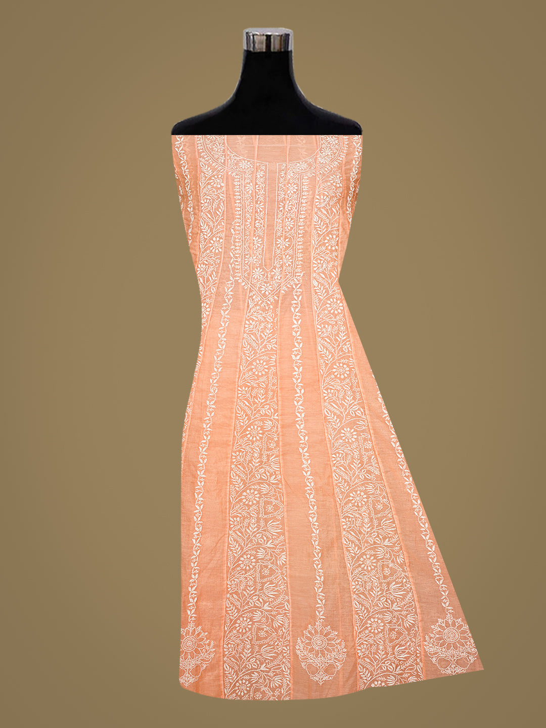 Ada Hand Embroidered Peach Chanderi Lucknowi Chikankari Semi-Stitched Anarkali Kurta Dupatta Set 01A992890