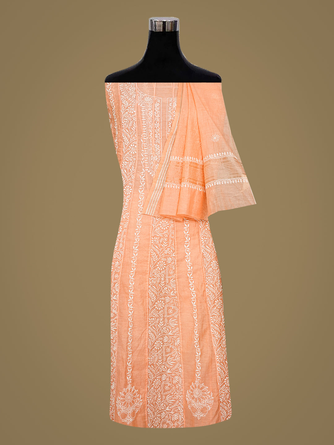 Ada Hand Embroidered Peach Chanderi Lucknowi Chikankari Semi-Stitched Anarkali Kurta Dupatta Set 01A992890