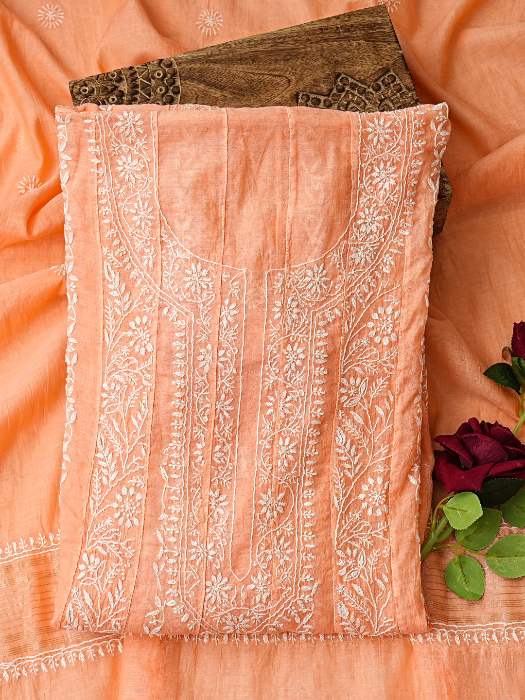Ada Hand Embroidered Peach Chanderi Lucknowi Chikankari Semi-Stitched Anarkali Kurta Dupatta Set 01A992890
