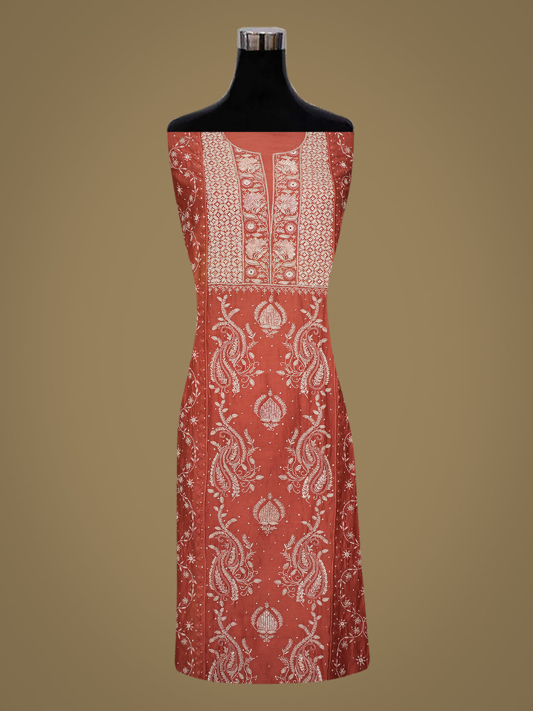 Ada Hand Embroidered Peach Chanderi Lucknowi Chikankari Semi-Stitched Kurta Dupatta Set With Cutdana Work 01A639534