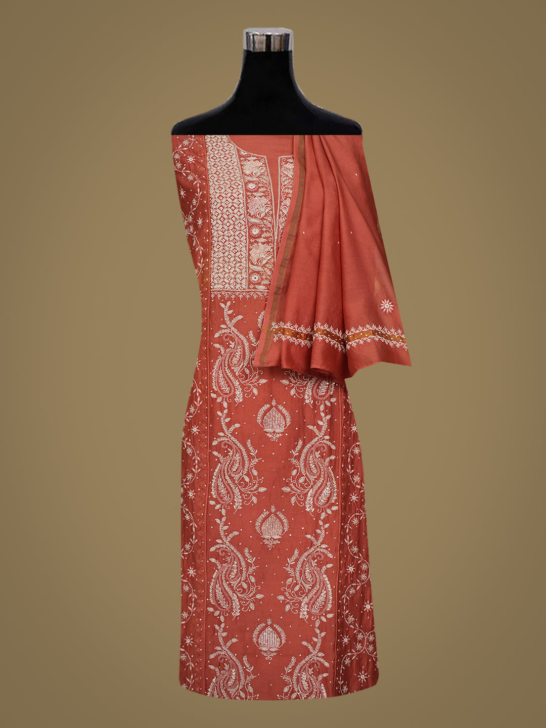 Ada Hand Embroidered Peach Chanderi Lucknowi Chikankari Semi-Stitched Kurta Dupatta Set With Cutdana Work 01A639534