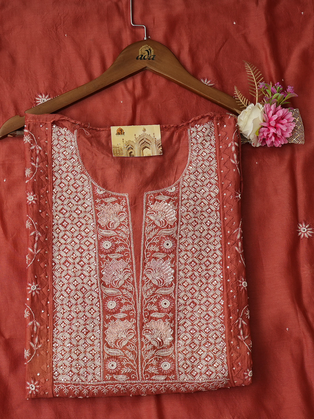 Ada Hand Embroidered Peach Chanderi Lucknowi Chikankari Semi-Stitched Kurta Dupatta Set With Cutdana Work 01A639534