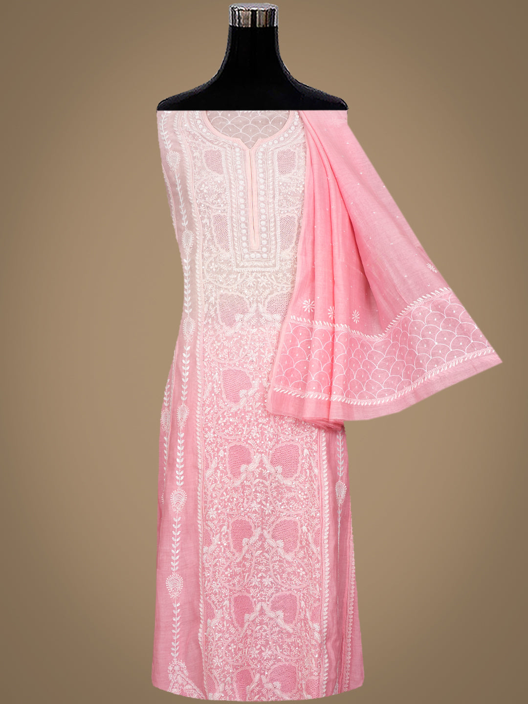 Ada Hand Embroidered Peach Chanderi Lucknowi Chikankari Semi-Stitched Kurta Dupatta Set With Sequinned Work 01A965077