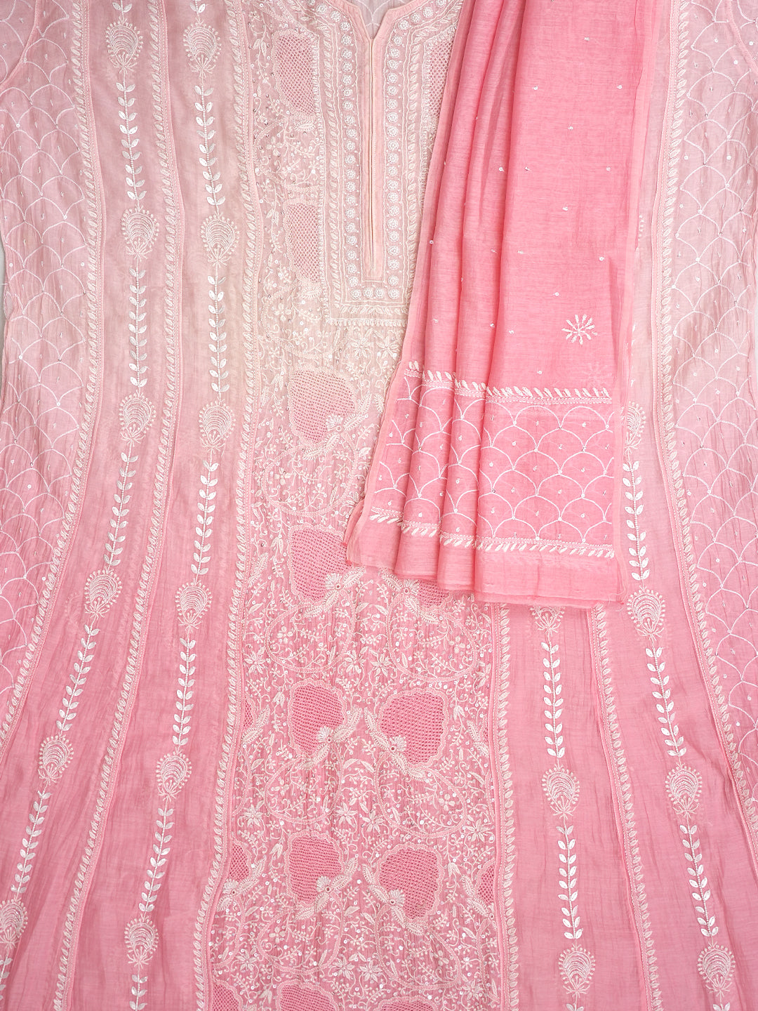 Ada Hand Embroidered Peach Chanderi Lucknowi Chikankari Semi-Stitched Kurta Dupatta Set With Sequinned Work 01A965077