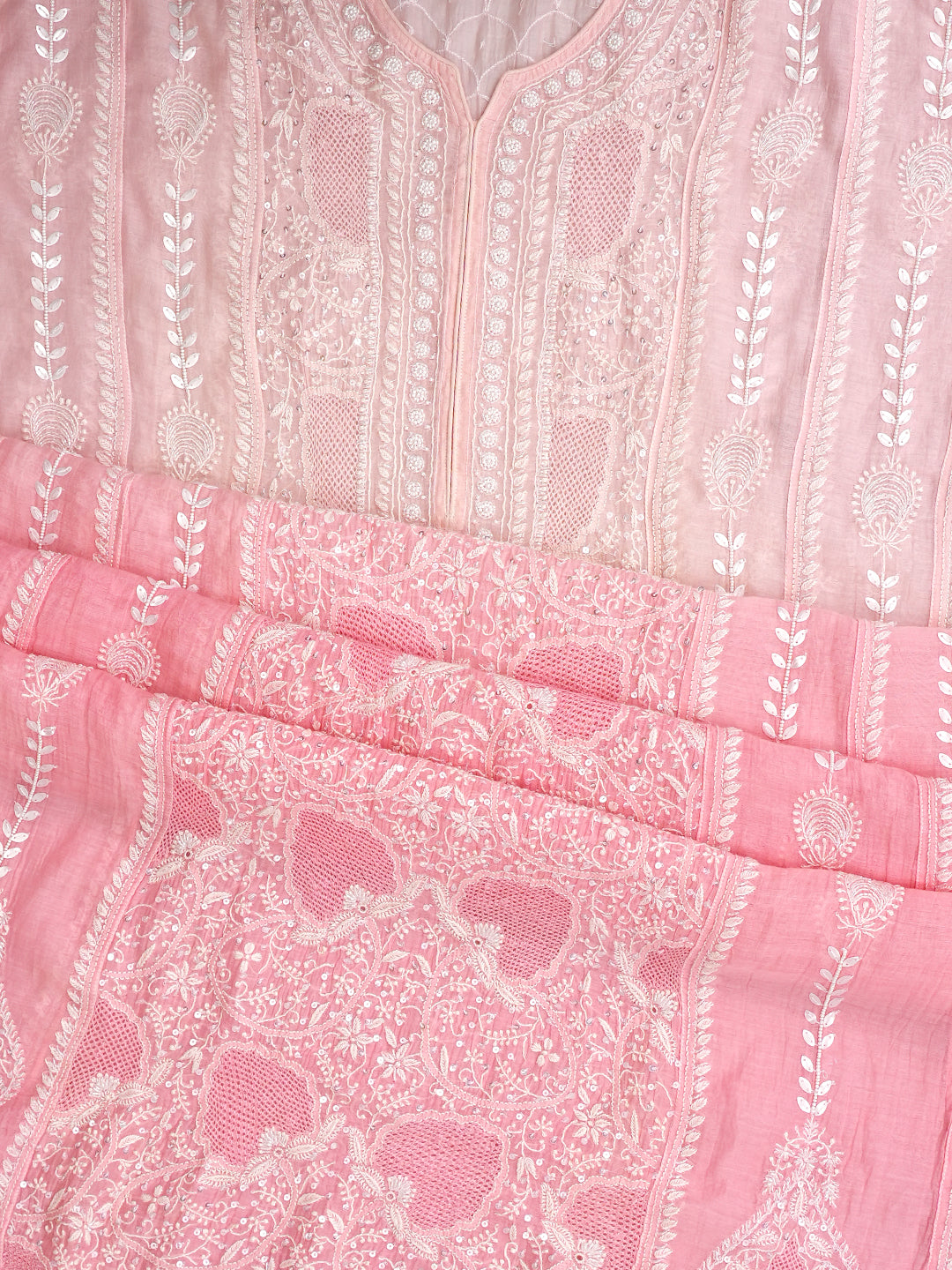 Ada Hand Embroidered Peach Chanderi Lucknowi Chikankari Semi-Stitched Kurta Dupatta Set With Sequinned Work 01A965077