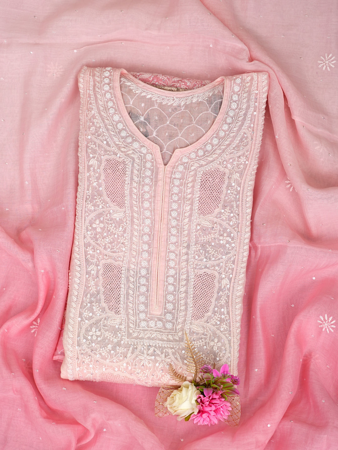 Ada Hand Embroidered Peach Chanderi Lucknowi Chikankari Semi-Stitched Kurta Dupatta Set With Sequinned Work 01A965077