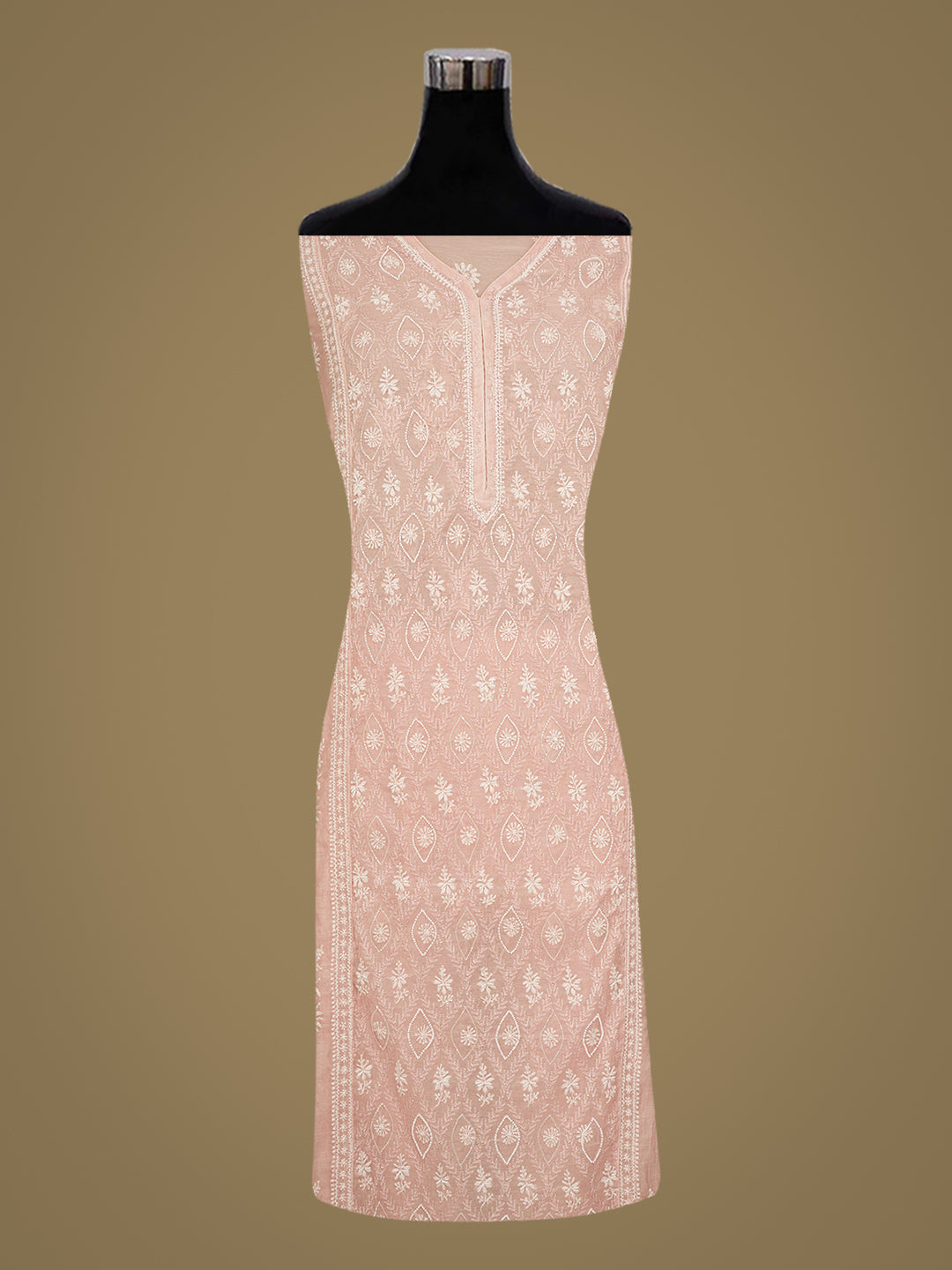 Ada Hand Embroidered Peach Chanderi Lucknowi Chikankari Semi-Stitched Kurta Dupatta set with Cutdana Work 01A1005482