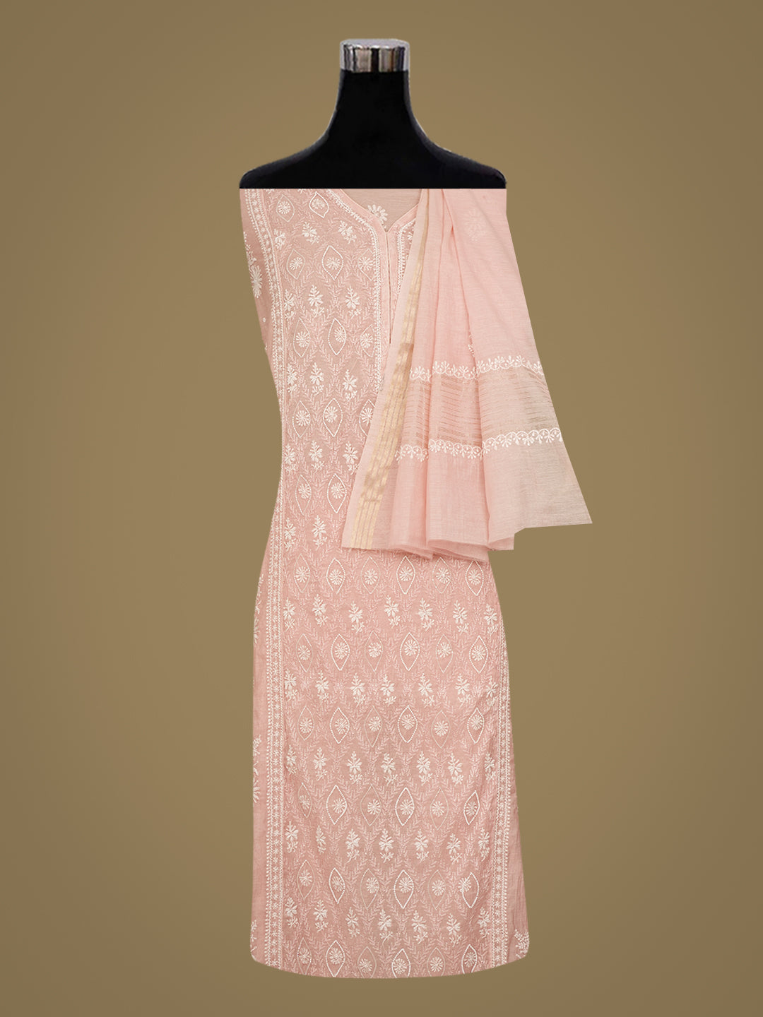 Ada Hand Embroidered Peach Chanderi Lucknowi Chikankari Semi-Stitched Kurta Dupatta set with Cutdana Work 01A1005482