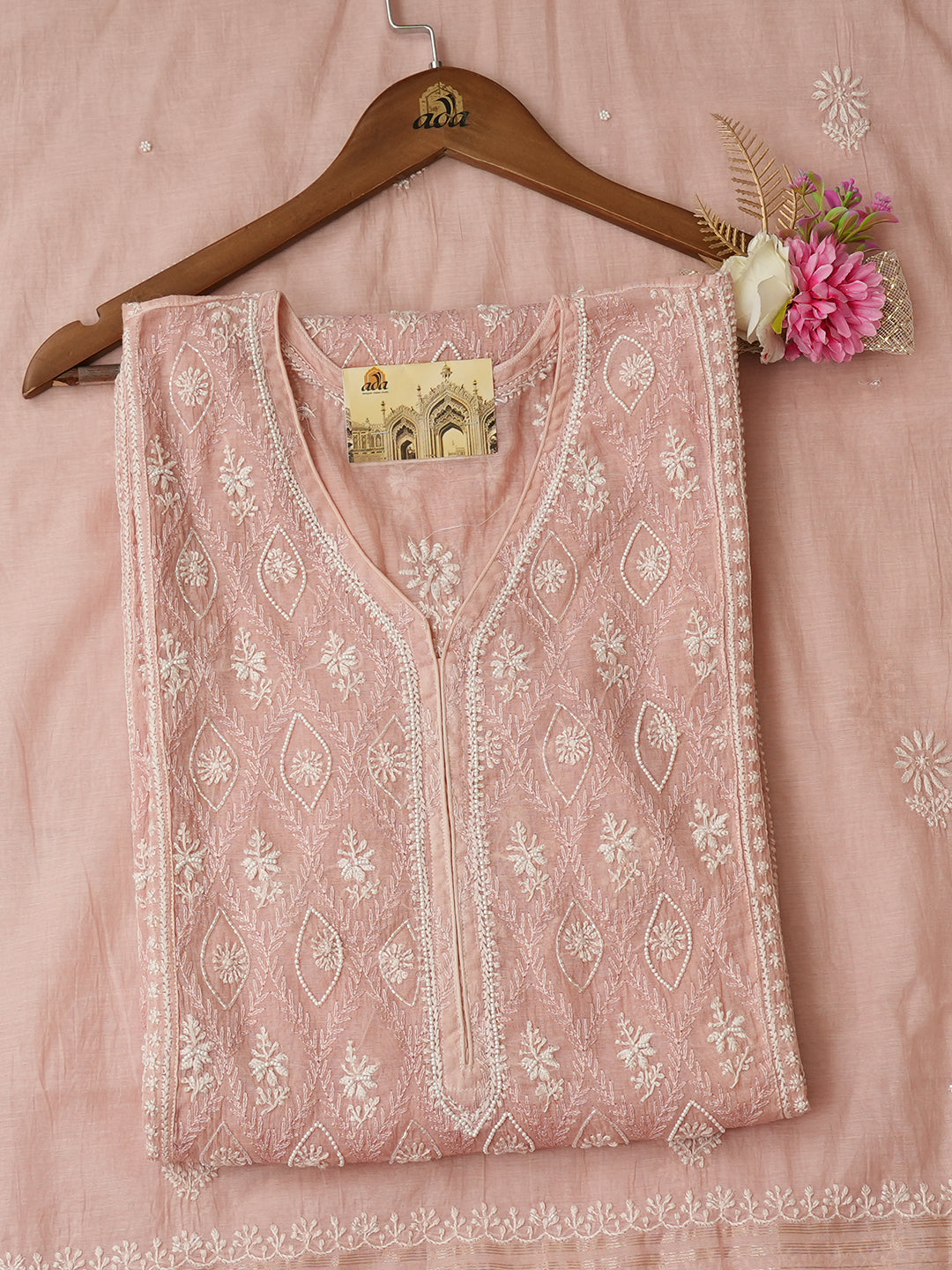Ada Hand Embroidered Peach Chanderi Lucknowi Chikankari Semi-Stitched Kurta Dupatta set with Cutdana Work 01A1005482