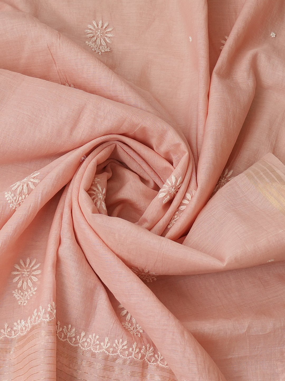 Ada Hand Embroidered Peach Chanderi Lucknowi Chikankari Semi-Stitched Kurta Dupatta set with Cutdana Work 01A1005482